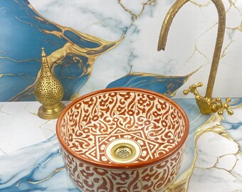 Hand-Painted Moroccan Sink with Intricate Dark Brown Moorish Motifs - Infusing Your Bathroom with the Rich Heritage