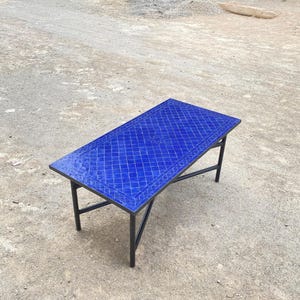 Moroccan Zellige Blue Tile Table – Handmade Red Chess Pattern Mosaic Table – Moroccan Patio Bistro Table