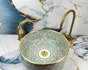 Lavabo de cerámica marroquí artesanal con motivos amazigh en verde turquesa y borde de oro de 14k - Lavabo de cerámica hecho a mano