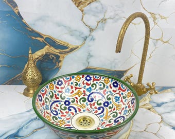 Moroccan Masterpiece: Handmade & Hand-Painted Ceramic Sink in Multicolor , Artisanal Beauty -Handcrafted Art for a Unique Bathroom Deco