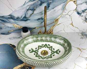 Pistachio Green  Moroccan Oval Basin - Handcrafted Ceramic Sink with Traditional Patterns - Artisan Wash Bowl for an Elegant Bathroom
