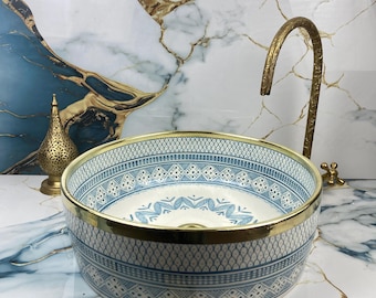 Lavabo de cerámica marroquí artesanal con motivos amazigh en azul turquesa y borde de oro de 14k - Lavabo de cerámica hecho a mano