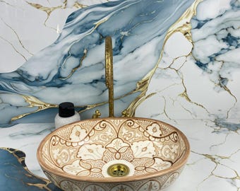 Pistachio Brown Moroccan Oval Basin - Handcrafted Ceramic Sink with Traditional Patterns - Artisan Wash Bowl for an Elegant Bathroom