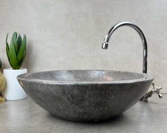 Moroccan Sink in Gray, with Light Gray Marbling in Polished Gray Sahara Marble, Offering a Serene Fusion of Contrasting Tones Inside and Out