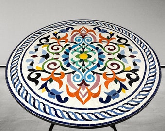 Handcrafted Moroccan Zellige Mosaic Table with Vibrant Floral Patternsby gluing together small pieces of Zellige, for Indoor or Outdoor Use