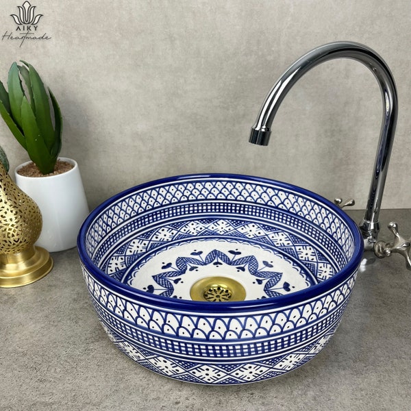 Berber Blues: Handcrafted Moroccan Ceramic Vessel Sink adorned with Blue Berber Motifs, Infusing Your Bathroom with Cultural Elegance