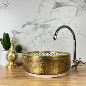 Timeless Artistry in Your Bathroom: Handmade Farmhouse Basin with Solid Brass Detailing - Hand-Painted Moroccan Ceramic Vessel Sink