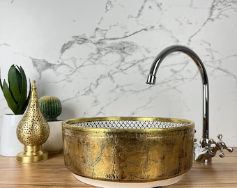 Timeless Artistry in Your Bathroom: Handmade Farmhouse Basin with Solid Brass Detailing - Hand-Painted Moroccan Ceramic Vessel Sink