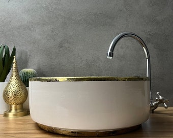 Timeless Craftsmanship for Your Bathroom: Handcrafted Farmhouse Basin Enhanced with Solid Brass Accents - Hand-Painted Moroccan Ceramic Sink