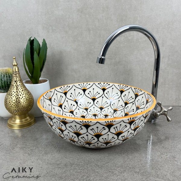Moroccan Masterpiece: Handmade & Hand-Painted Ceramic Sink in Orange and Black, Artisanal Beauty -Handcrafted Art for a Unique Bathroom Deco