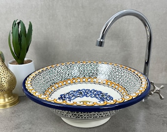 Moroccan Taous: Handcrafted Ceramic Sink Hand-Painted with Peacock Feather Motif in Yellow and Blue, Paired with Mid-Century Modern Vanity