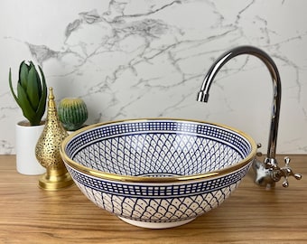 Crafted Elegance: Handcrafted Moroccan Ceramic Sink Hand-Painted in Blue with 14K Gold Trim - Elevate Your Bathroom with Artisanal Opulence!