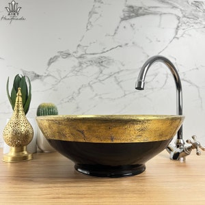 Impeccable Handcraftsmanship Meets Style: Artisanal Farmhouse Sink with Solid Brass Accent - Handmade Moroccan Ceramic Sink