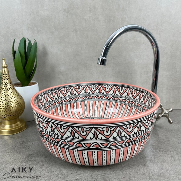 Coral Blossom: Hand-Painted Moroccan Ceramic Basin in Soft Salmon Hue - Elevate Your Bathroom with Coastal Charm
