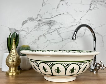 Handcrafted Mid-Century Modern Vanity with Artisan-Made Farmhouse Basin - Hand-Painted Moroccan Henna Green Ceramic Sink in Sahara Style.