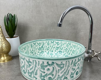 Dance of Spring: Handcrafted Moroccan Basin in Captivating Emerald Green, Adorned with Botanical Symphony, Inviting Serenity into Your Space