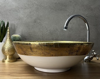 Classic Charm: Moroccan Ceramic Sink with Wide Brass Border - Handcrafted Elegance Inspired by Mid-Century Style, Ideal for Your Bathroom