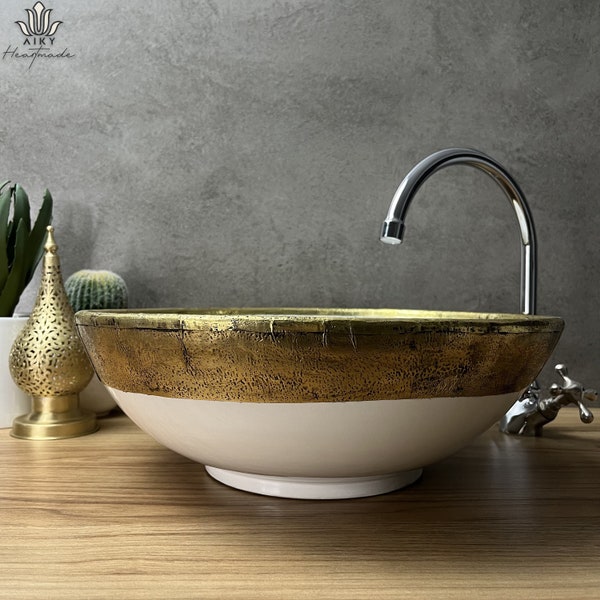 Classic Charm: Moroccan Ceramic Sink with Wide Brass Border - Handcrafted Elegance Inspired by Mid-Century Style, Ideal for Your Bathroom