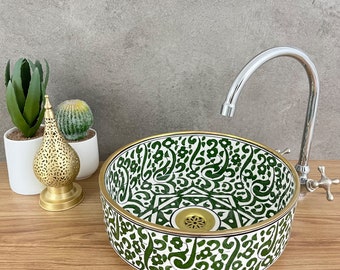 Green Haven Hand-Painted Ceramic Sink with 14K Gold Highlights - Custom Artisanal Vessel Sink - Bespoke Handmade Moroccan Countertop Basin.