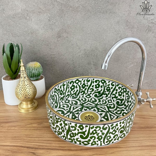 Fregadero de cerámica pintado a mano Green Haven con reflejos de oro de 14 quilates - Fregadero de recipiente artesanal personalizado - Lavabo de encimera marroquí hecho a mano a medida.