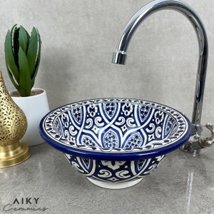 Cerulean Whispers: Handcrafted Moroccan Basin with Delicate Blue Patterns - Inviting Calmness and Relaxation into Your Daily Routine