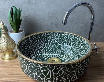 Emerald Oasis Hand-Painted Moroccan Basin with Gilded Accents - Custom Artisanal Vessel Sink - Bespoke Handmade Moroccan Countertop Beauty