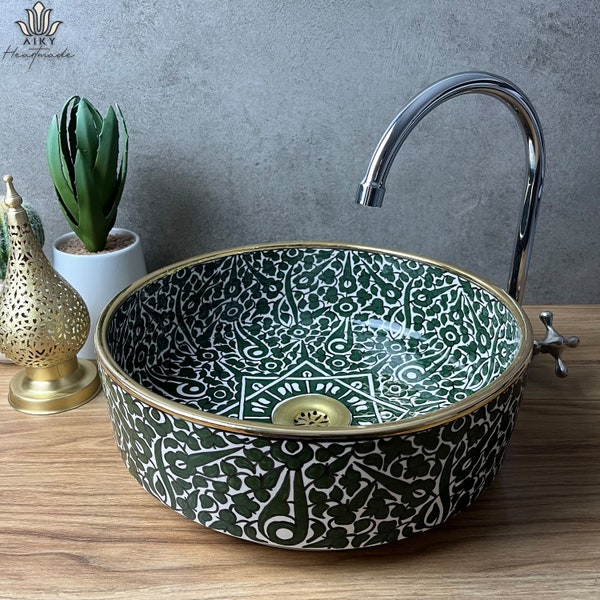 Emerald Oasis Hand-Painted Moroccan Basin with Gilded Accents - Custom Artisanal Vessel Sink - Bespoke Handmade Moroccan Countertop Beauty