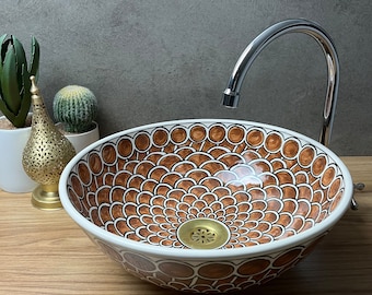 Handmade Moroccan Ceramic Basin, Intricately Handpainted in Rich Brown Hues -Artisan-Made Farmhouse Basin with Mid-Century Modern Vanity