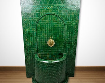 Handcrafted Moroccan Emerald Green Zellige Mosaic Fountain - Elegant Interior Decor - Authentic Moroccan Craftsmanship for Patio or Garden