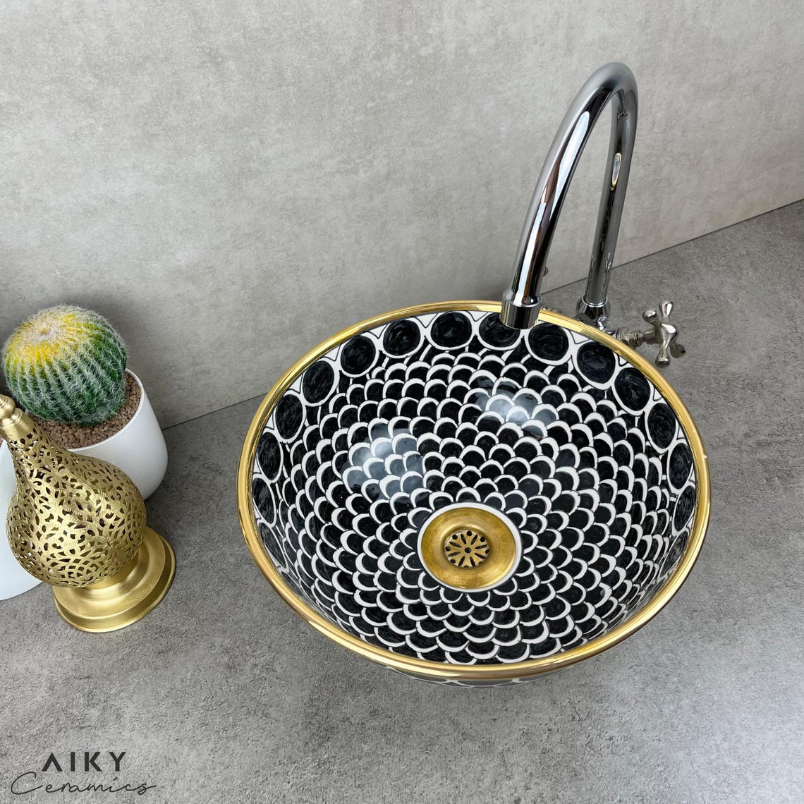 Midnight Elegance: Artisan-made Black Moroccan Basin With 14k Gold Rim ...