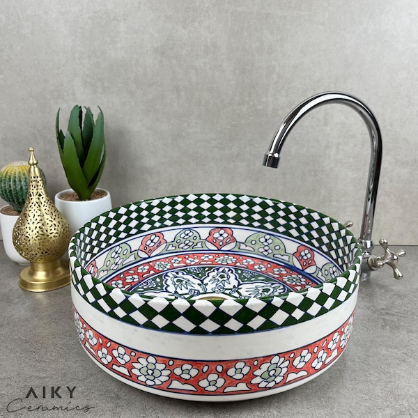 Handcrafted Moroccan Sink adorned with Traditional Moorish Motifs in Red, Green, and Blue, Infusing Your Bath with Vibrant Cultural Heritage