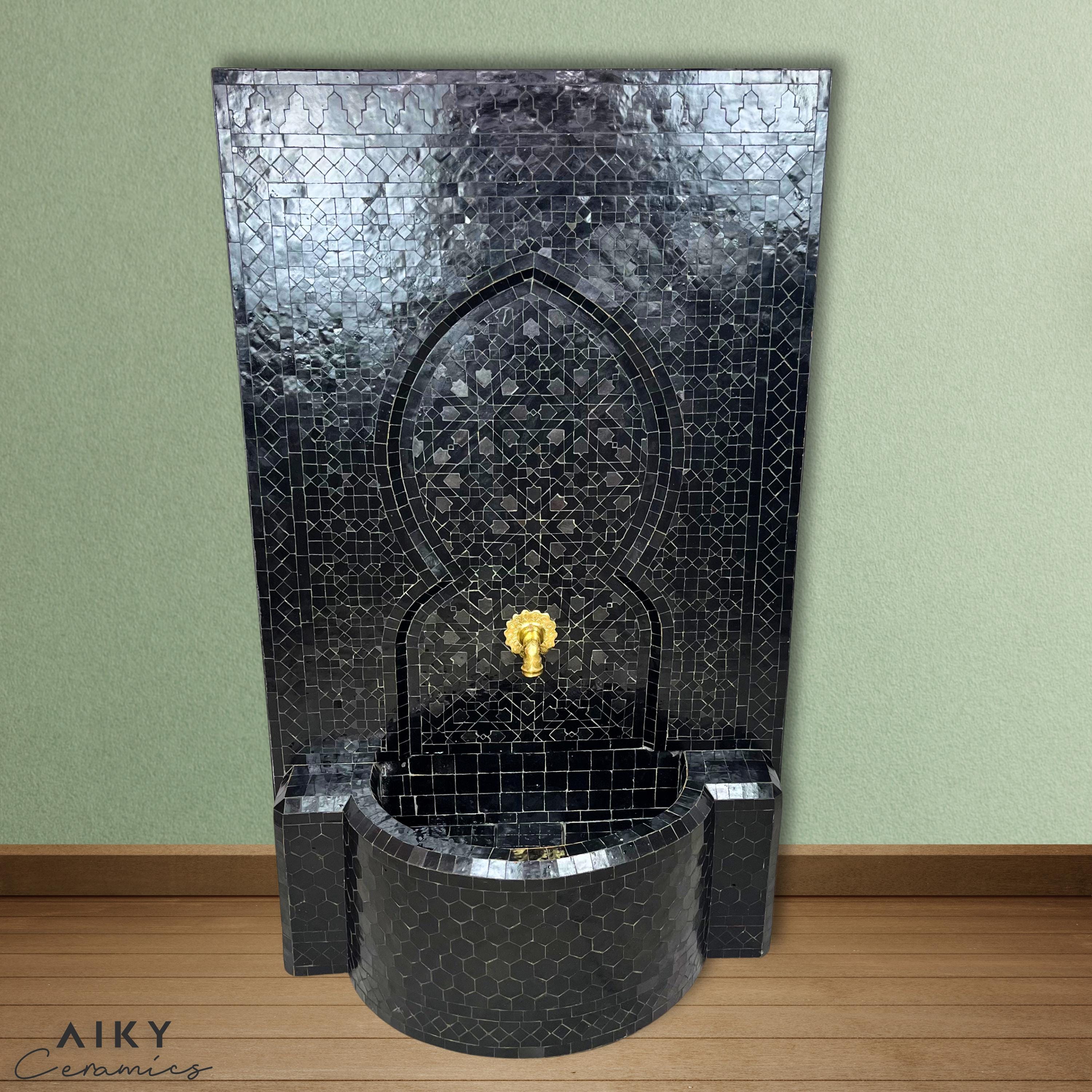 Handcrafted Black Moroccan Zellige Mosaic Fountain - Luxurious Artisan Decor for Elegant Indoor and Outdoor Spaces (Home, Patio, or Garden)