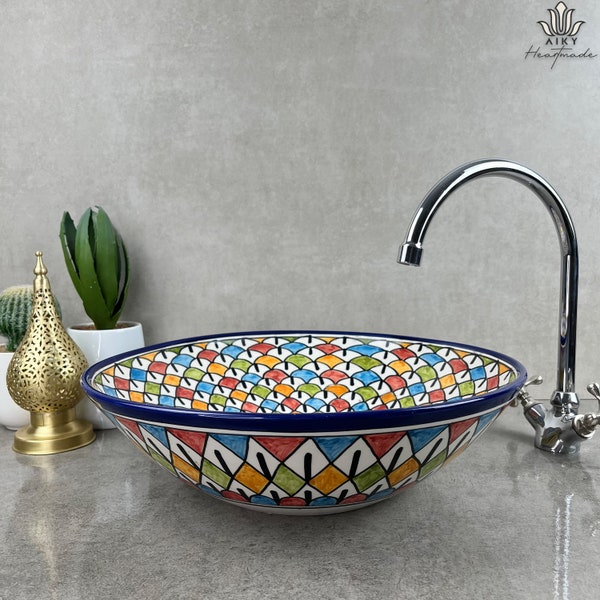 Eastern Elegance: Handcrafted Ceramic Basin with Intricate Mosaic Design, Infusing Your Bathroom with Oriental Charm and Exotic Elegance
