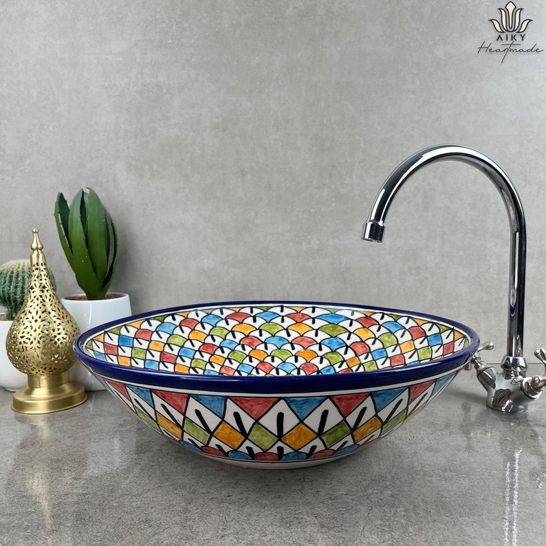 Eastern Elegance: Handcrafted Ceramic Basin with Intricate Mosaic Design, Infusing Your Bathroom with Oriental Charm and Exotic Elegance image 1