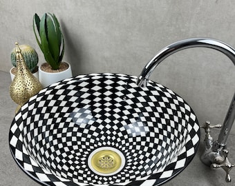 Artistry Meets Opulence - Handcrafted Ceramic Sink - Personalized Luxury Basin - Optical Illusion Black and White Wormhole Abstract 3D