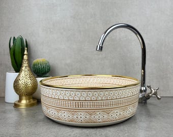 Artisan-Made Moroccan Ceramic Basin with Beige Amazigh Patterns and 14k Gold Rim - Handcrafted Ceramic Sink for Sophisticated Bathroom Décor