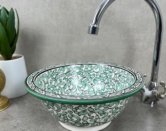 Blooms of Tranquility: Moroccan Sink in Emerald Green, Embellished with Delicate Botanical Motifs, Infusing Ur Space with Serene Spring Vibe