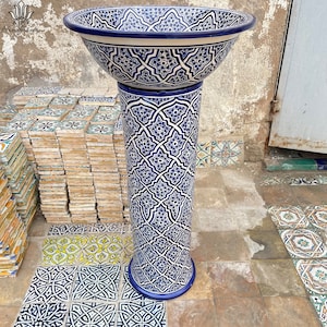 Artisan-Crafted Pedestal Basin: Hand-Glazed in Serene Blue for a Timeless Bathroom Upgrade - Add an Authentic Touch of Morocco in Your Home