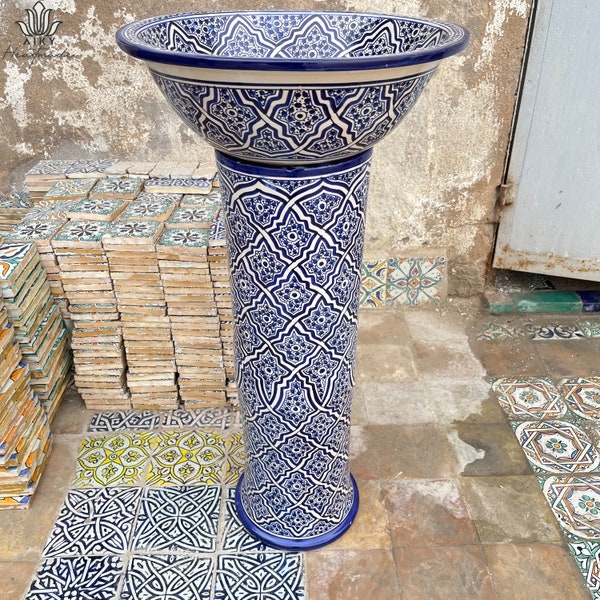 Artisan-Crafted Pedestal Basin: Hand-Glazed in Serene Blue for a Timeless Bathroom Upgrade - Add an Authentic Touch of Morocco in Your Home