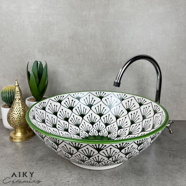 Afro Verdant Symphony: Handcrafted Moroccan Sink with Green Afro Artistic Motifs, Infusing Ur Bath with Cultural Richness & Natural Serenity