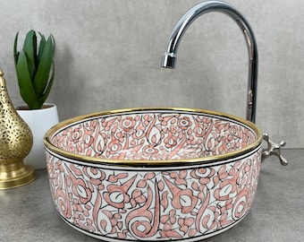 Hand-Painted Moroccan Basin with Gilded Accents - Custom Artisanal Vessel Sink - Bespoke Handmade Moroccan Countertop Beauty in Pink Delight