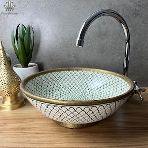 Handcrafted and Hand-Painted Moroccan Ceramic Sink in Rich Green with Brass Border and Base - Infusing Your Bathroom with Timeless Elegance