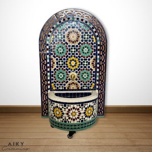 Multicolor Moroccan Zellige Mosaic Fountain – Handmade Multicolor Mosaic Tile Water Feature for Indoor/Outdoor Home and Garden Decor