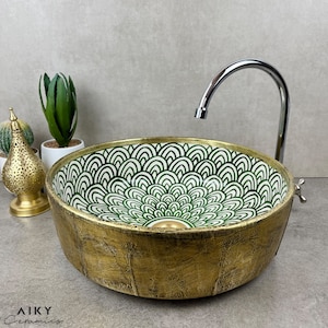 Exquisite Handcrafted Moroccan Ceramic Sink with Green Arch Motifs and Brushed Brass Exterior - A Masterpiece of Timeless Elegance