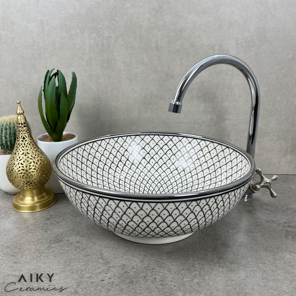 Handmade and Hand-Painted - Moroccan Ceramic Sink in a Beautiful Shade of Black Accented with Silver Adds Artisanal Charm to Your Bathroom