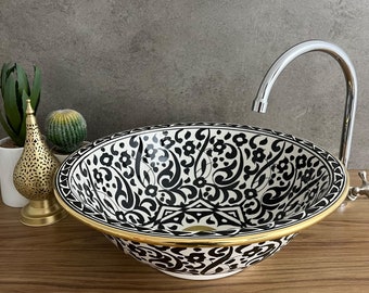 Handmade Moroccan Ceramic Sink in Black, Adorned with Hand-Painted Details and 14K Gold Trim - Elevate Your Bathroom with Artisanal Opulence