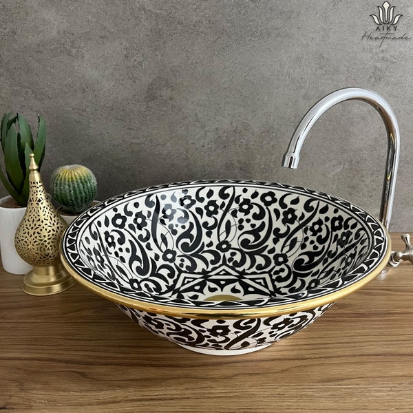 Handmade Moroccan Ceramic Sink in Black, Adorned with Hand-Painted Details and 14K Gold Trim - Elevate Your Bathroom with Artisanal Opulence