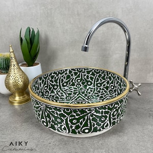 Lavabo marocchino dipinto a mano Emerald Oasis con dettagli dorati - Lavabo artigianale personalizzato - Bellezza da appoggio marocchina fatta a mano su misura