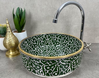 Emerald Oasis Hand-Painted Moroccan Basin with Gilded Accents - Custom Artisanal Vessel Sink - Bespoke Handmade Moroccan Countertop Beauty