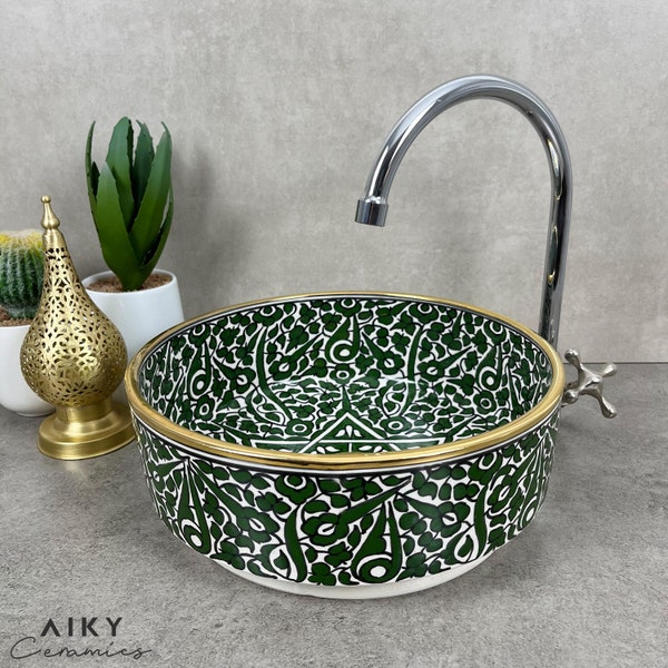 Emerald Oasis Hand-Painted Moroccan Basin with Gilded Accents - Custom Artisanal Vessel Sink - Bespoke Handmade Moroccan Countertop Beauty